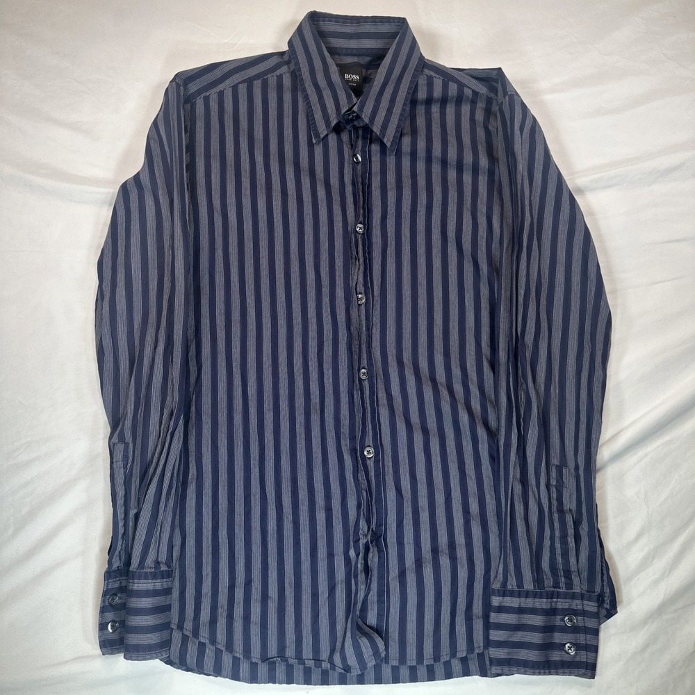 Hugo Boss Navy Blue Vertical Striped Long Sleeve Button Up Shirt Mens Large